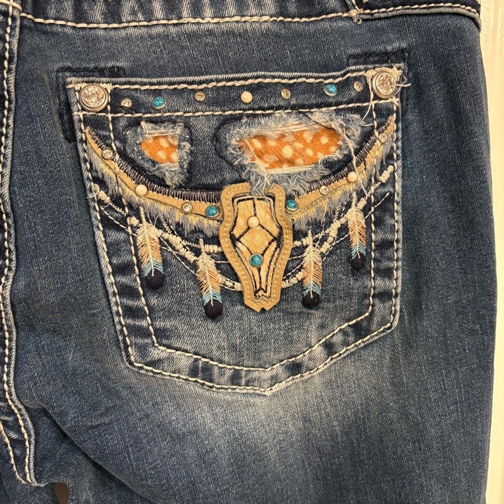 Miss Me Cow Print & Turquoise Bling Bootcut Jeans 28x34 NWT - Picture 6 of 11